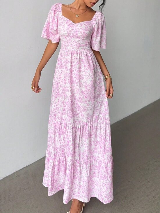 Dresses & Skirts - Pink Boho Women's Short Sleeve Beach Ditsy Floral Maxi Dress
